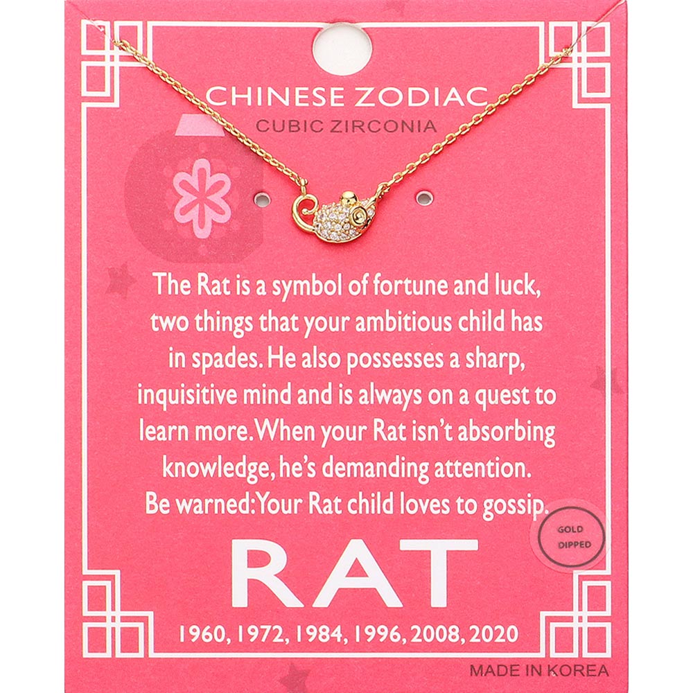 Madeline Love Clear, Gold Lunar 12 Zodiac Gold Dipped CZ Rat Pendant Necklace - Jewelry