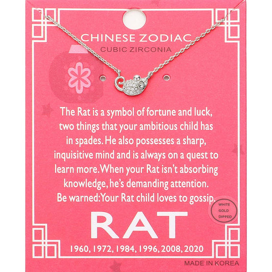Madeline Love Clear, Rhodium Lunar 12 Zodiac White Gold Dipped CZ Rat Pendant Necklace - Jewelry