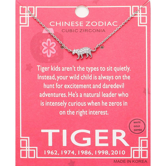 Madeline Love Clear, Rhodium Lunar 12 Zodiac White Gold Dipped CZ Tiger Pendant Necklace - Jewelry