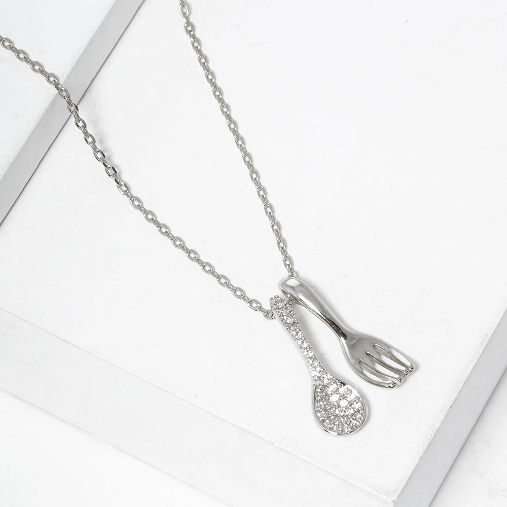 Madeline Love Rhodium White Gold Dipped Stone Paved Spoon Fork Pendant Necklace - Jewelry