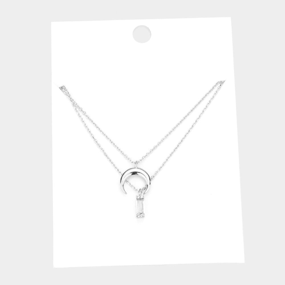Madeline Love Silver Brass Metal Double Horn Rectangle Stone Pendant Layered Necklace - Necklaces