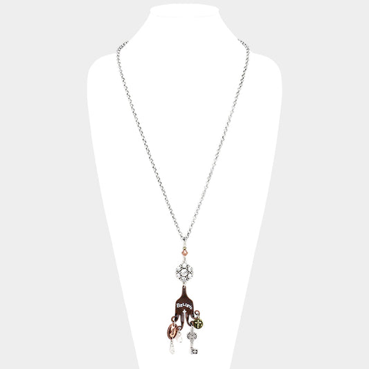 Madeline Love Copper Burnished, Gold Burnished, Silver Burnished "Believe" Cross Key Lock Pearl Pendants Long Necklace - Necklaces