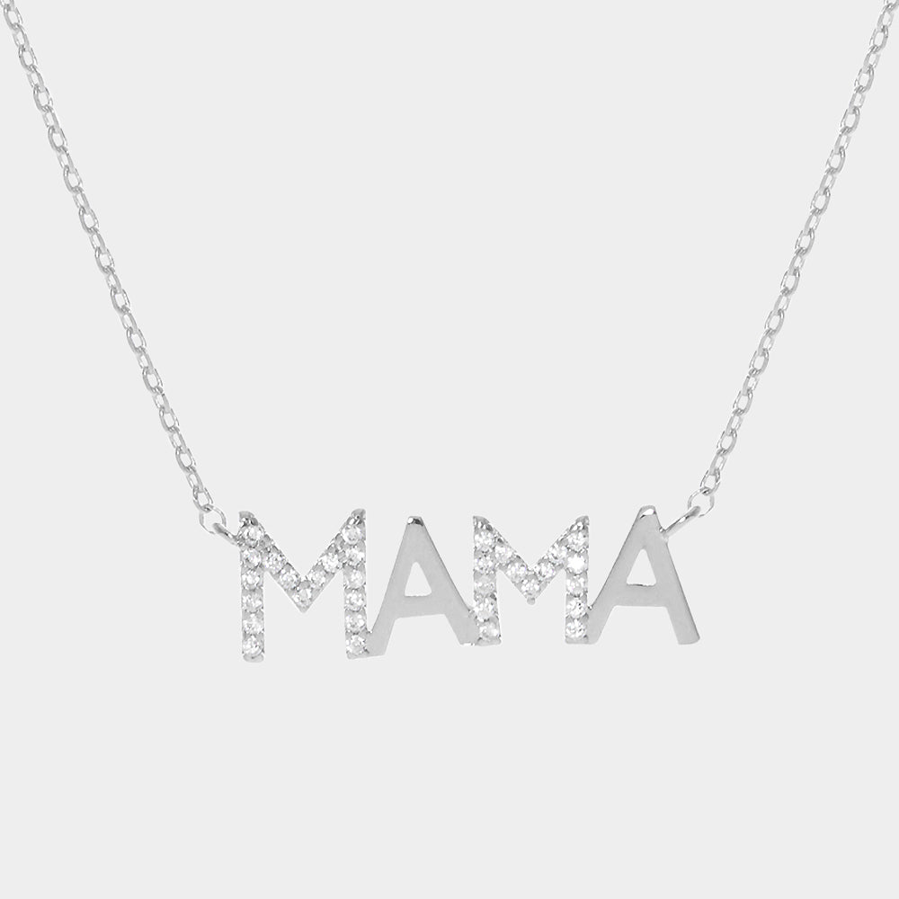 Madeline Love Clear, Rhodium White Gold Dipped CZ Mama Metal Message Pendant Necklace - Necklaces