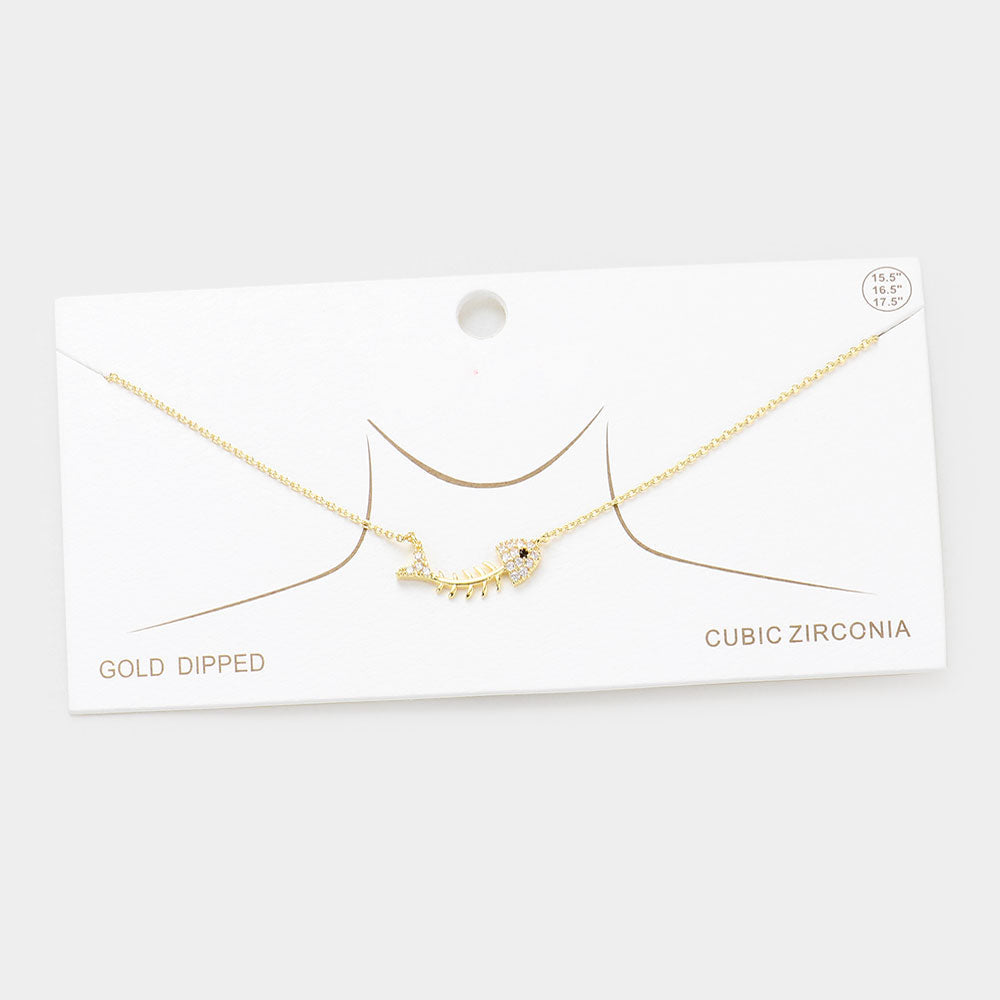 Gold Gold Dipped CZ Fishbone Pendant Necklace