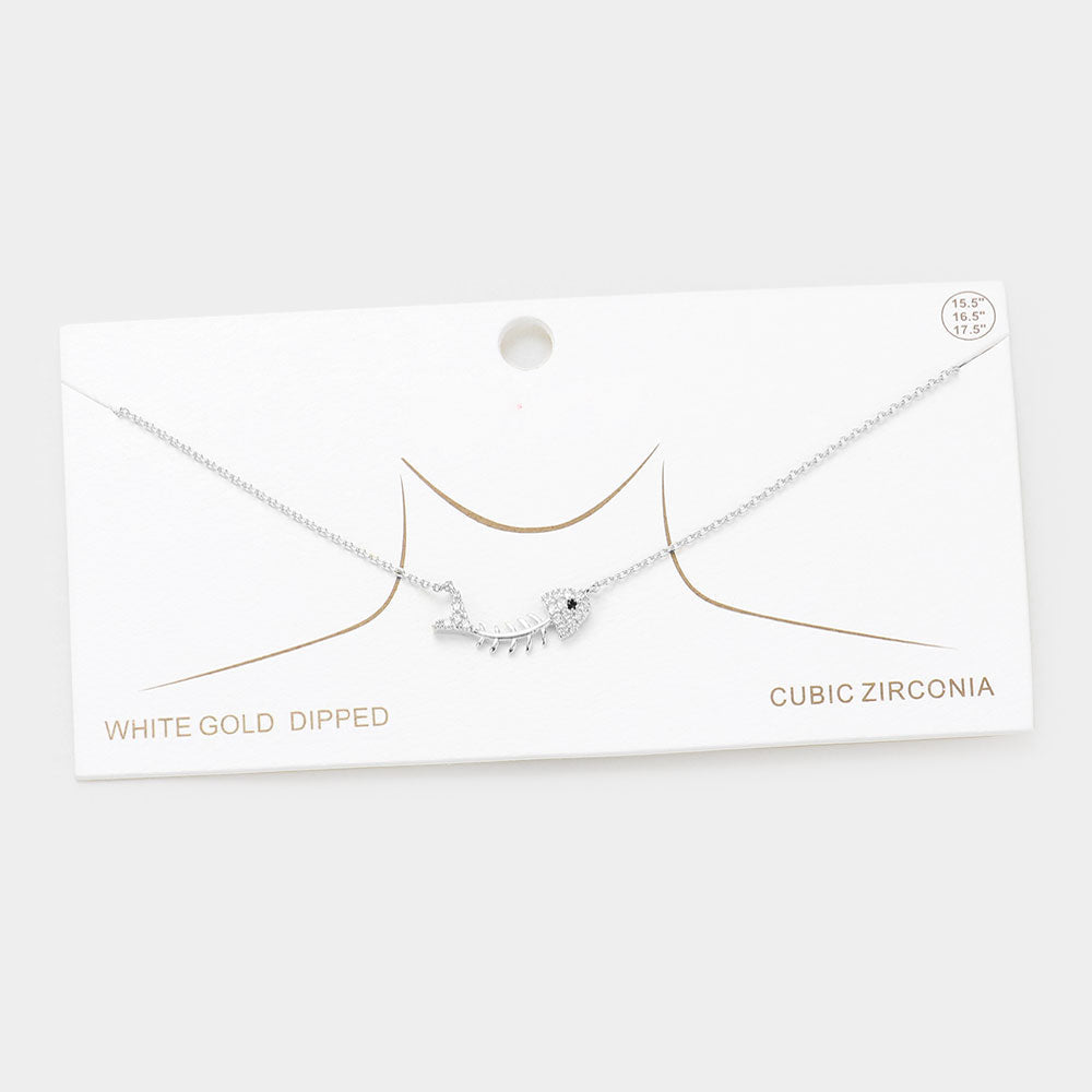 Rhodium White Gold Dipped CZ Fishbone Pendant Necklace
