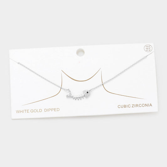 Rhodium White Gold Dipped CZ Fishbone Pendant Necklace