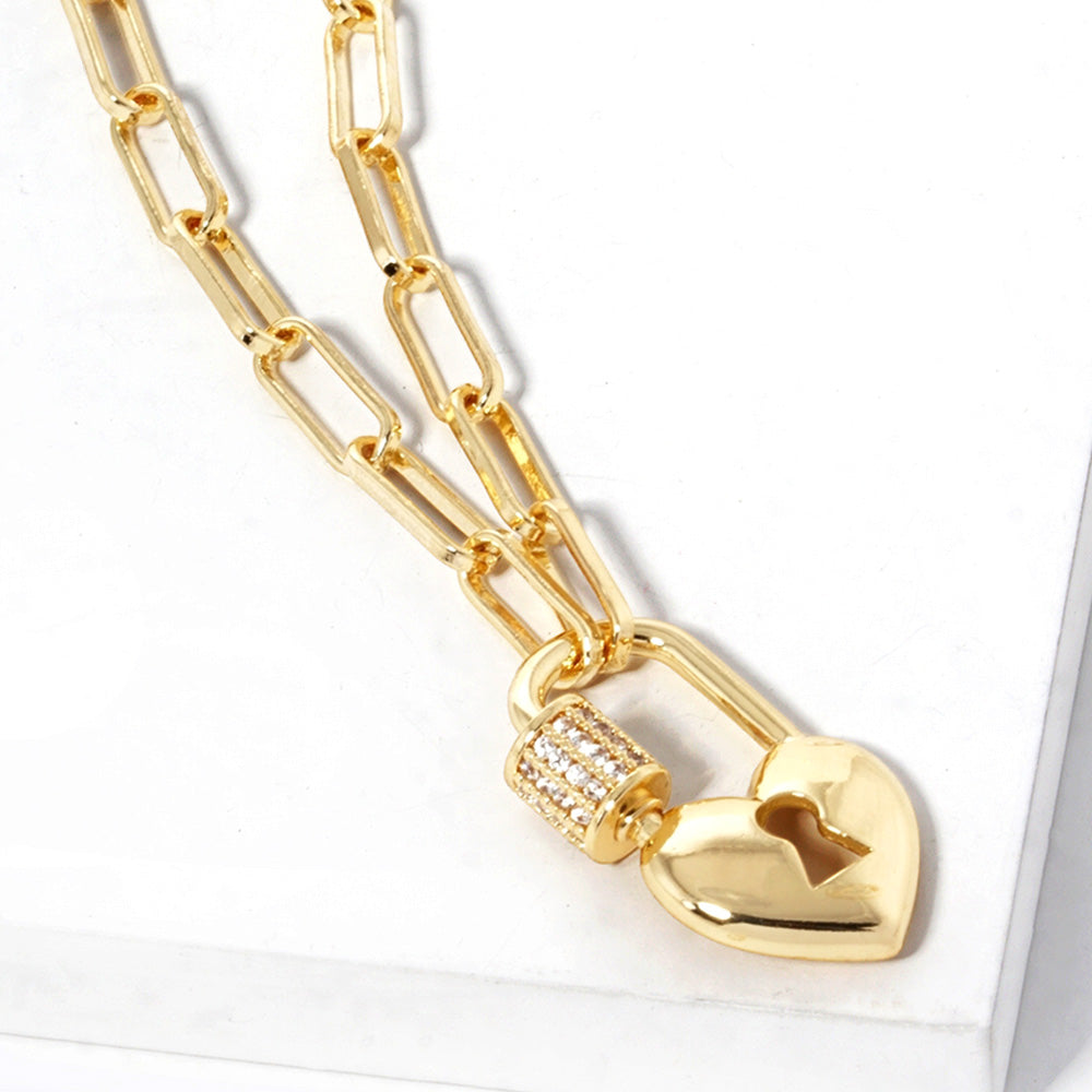 Gold Dipped CZ Stone Paved Heart Lock Pendant Paperclip Chain Necklace