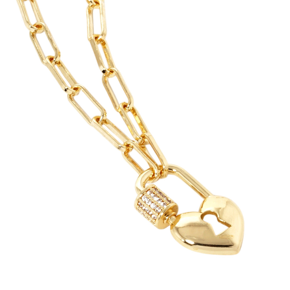 Gold Dipped CZ Stone Paved Heart Lock Pendant Paperclip Chain Necklace