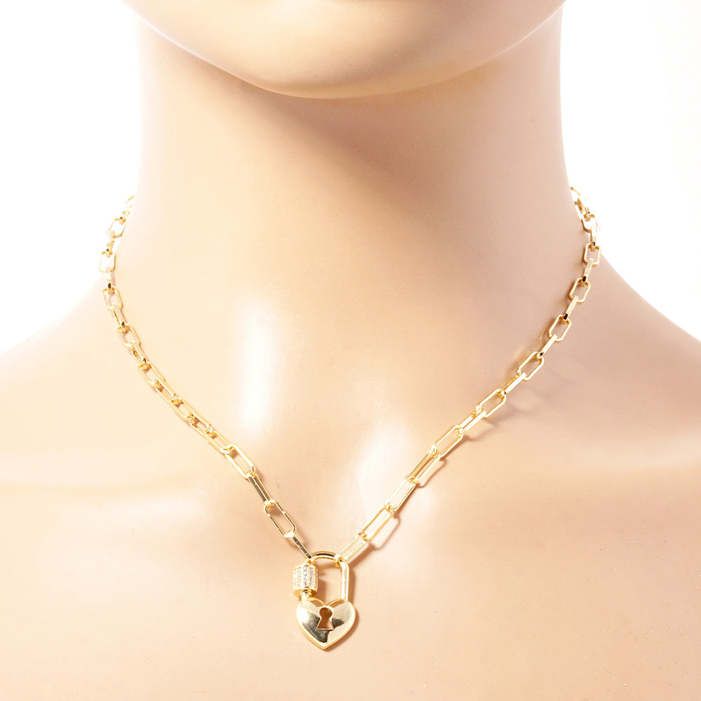 Gold Dipped CZ Stone Paved Heart Lock Pendant Paperclip Chain Necklace