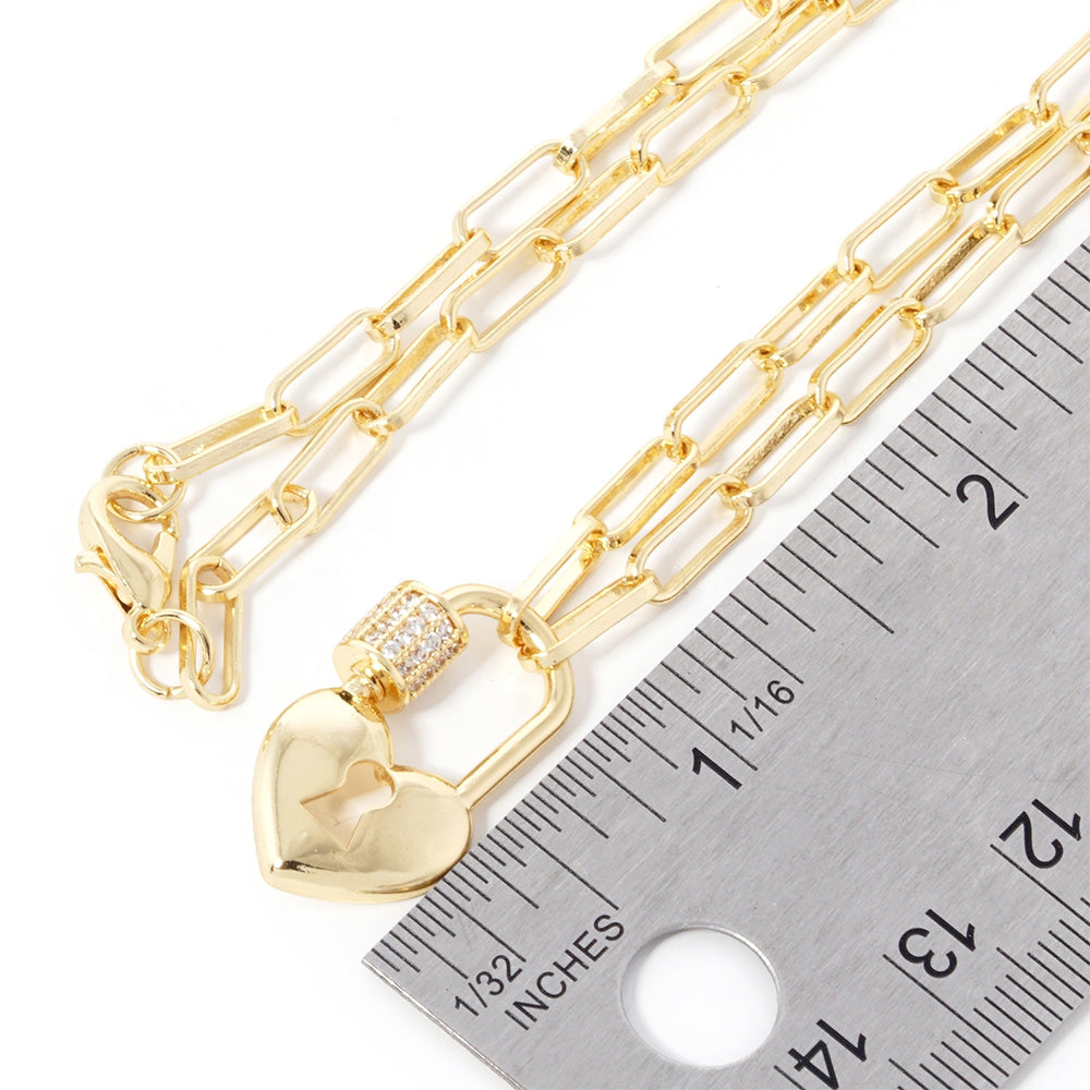 Gold Dipped CZ Stone Paved Heart Lock Pendant Paperclip Chain Necklace