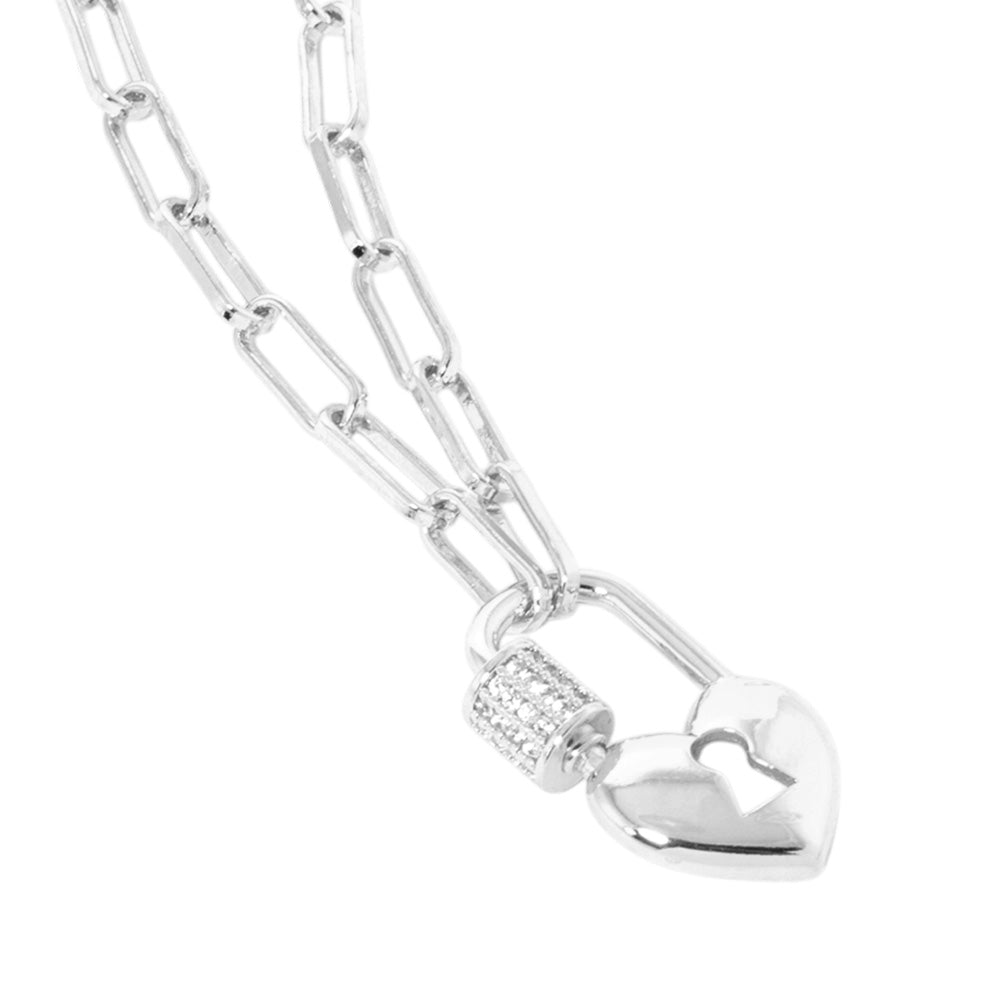 White Gold Dipped CZ Stone Paved Heart Lock Pendant Paperclip Chain Necklace