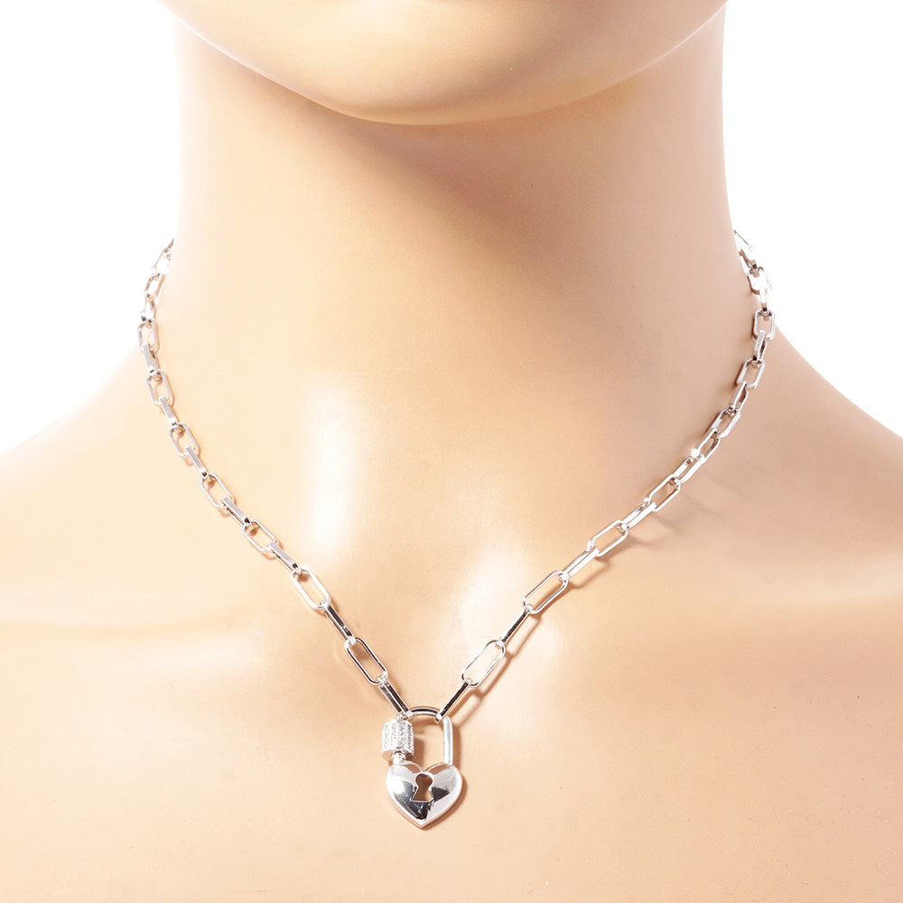 White Gold Dipped CZ Stone Paved Heart Lock Pendant Paperclip Chain Necklace