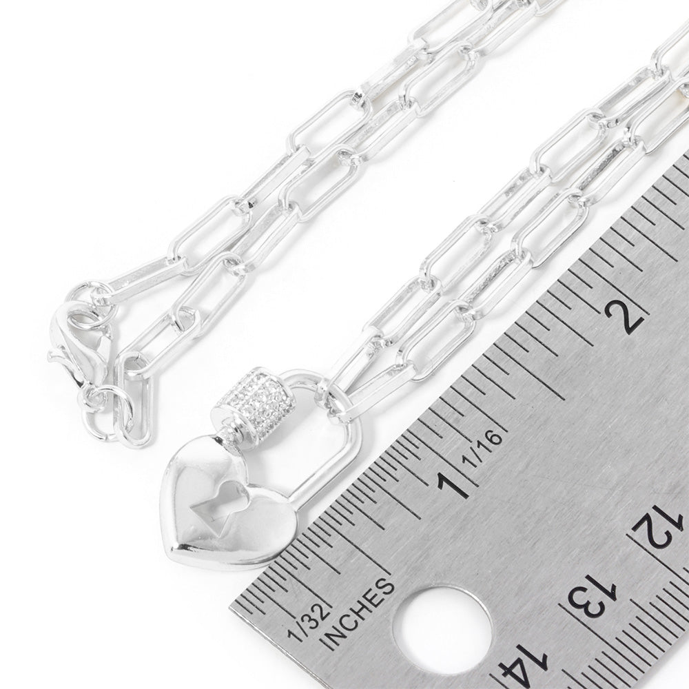 White Gold Dipped CZ Stone Paved Heart Lock Pendant Paperclip Chain Necklace