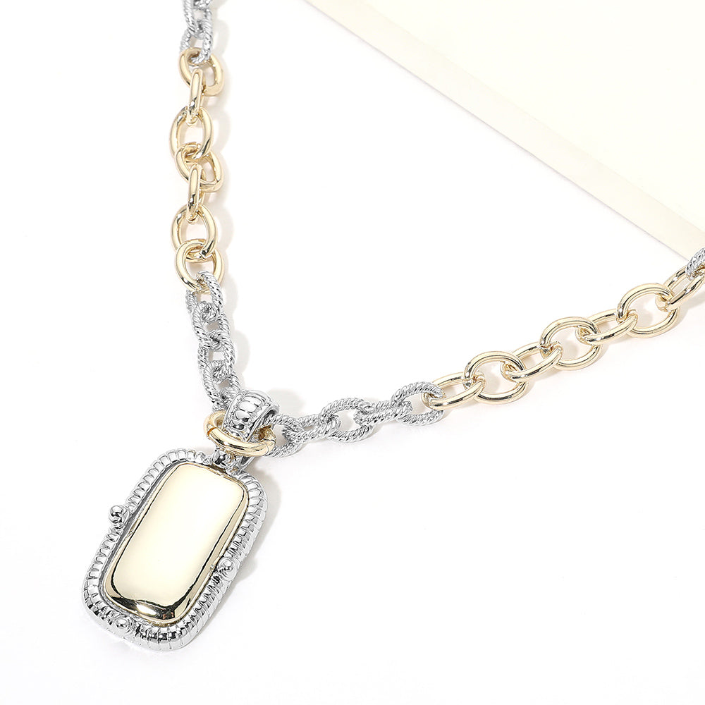 Madeline Love Two Tone 14K Gold Plated Rectangle Frame Pendant Two Tone Link Necklace