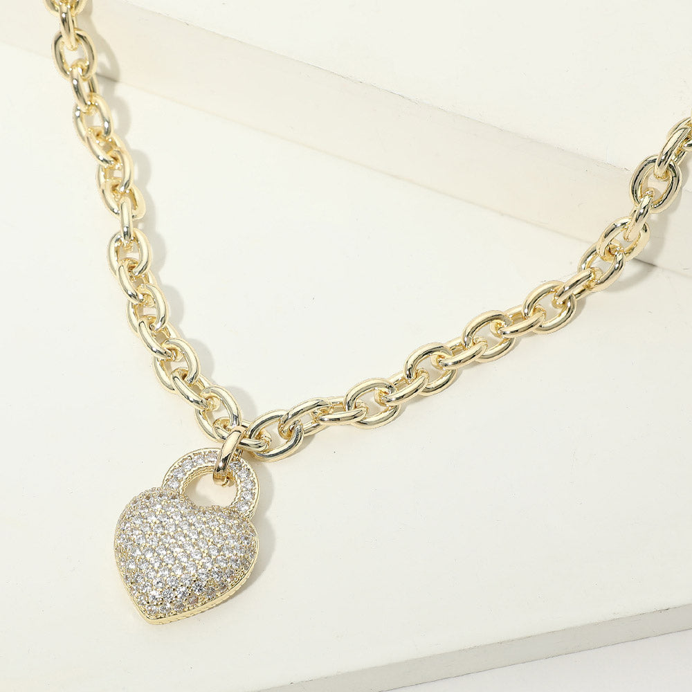 Madeline Love Gold 14K Gold Plated CZ Pave Heart Heart Pendant Chunky Chain Necklace - Jewelry