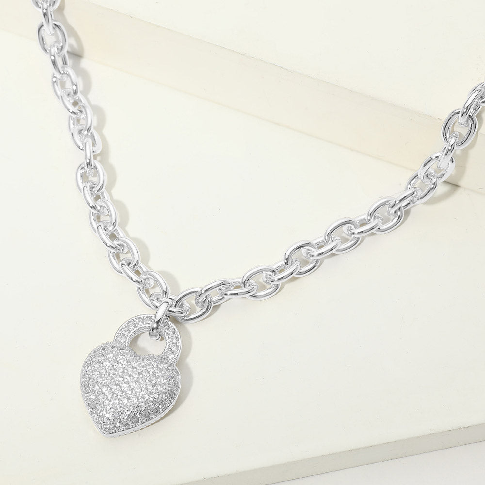 Madeline Love Rhodium 14K Gold Plated CZ Pave Heart Heart Pendant Chunky Chain Necklace - Jewelry