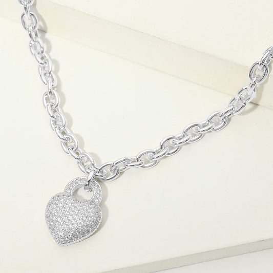 Madeline Love Rhodium 14K Gold Plated CZ Pave Heart Heart Pendant Chunky Chain Necklace - Jewelry