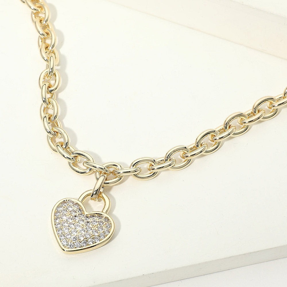 Madeline Love Gold 14K Gold Plated CZ Pave Heart Pendant Chunky Chain Necklace - Jewelry