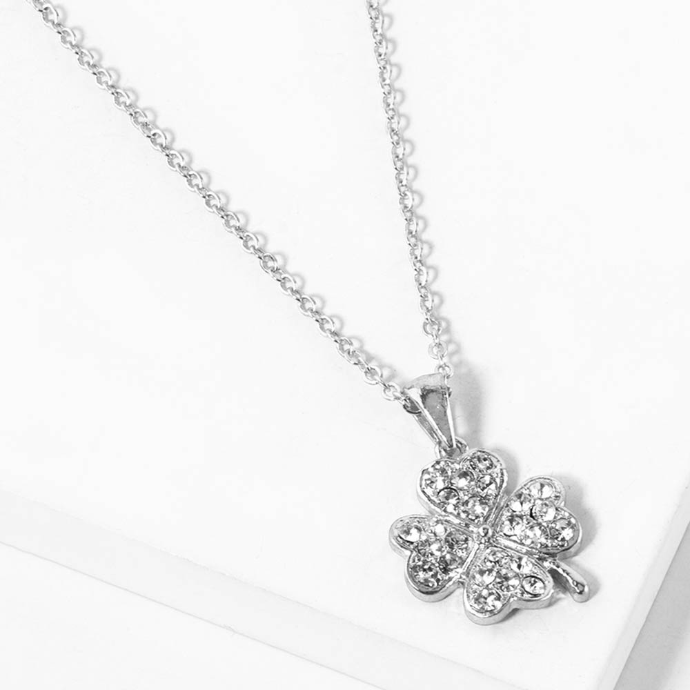 Madeline Love Clear, Rhodium Stone Paved Mini Clover Pendant Necklace - Jewelry
