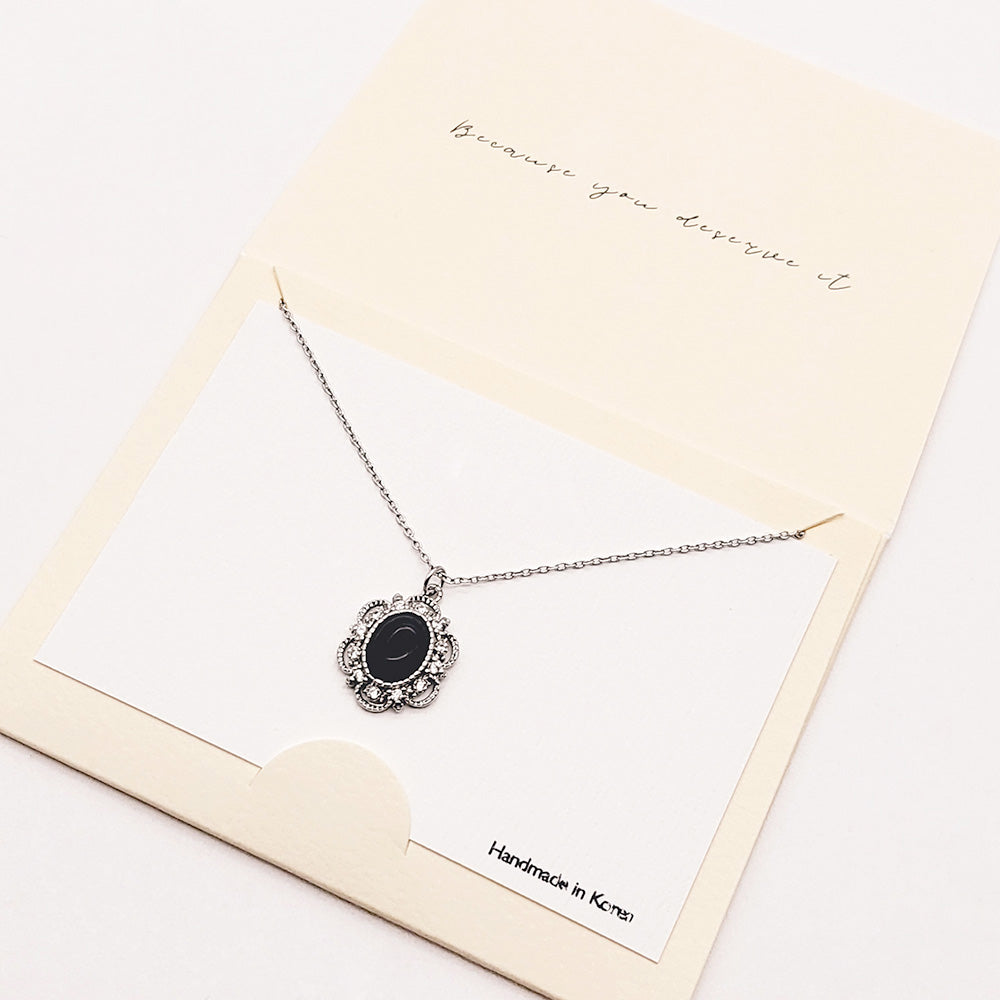 Madeline Love Black CZ Embellished Oval Pendant Necklace - Necklaces