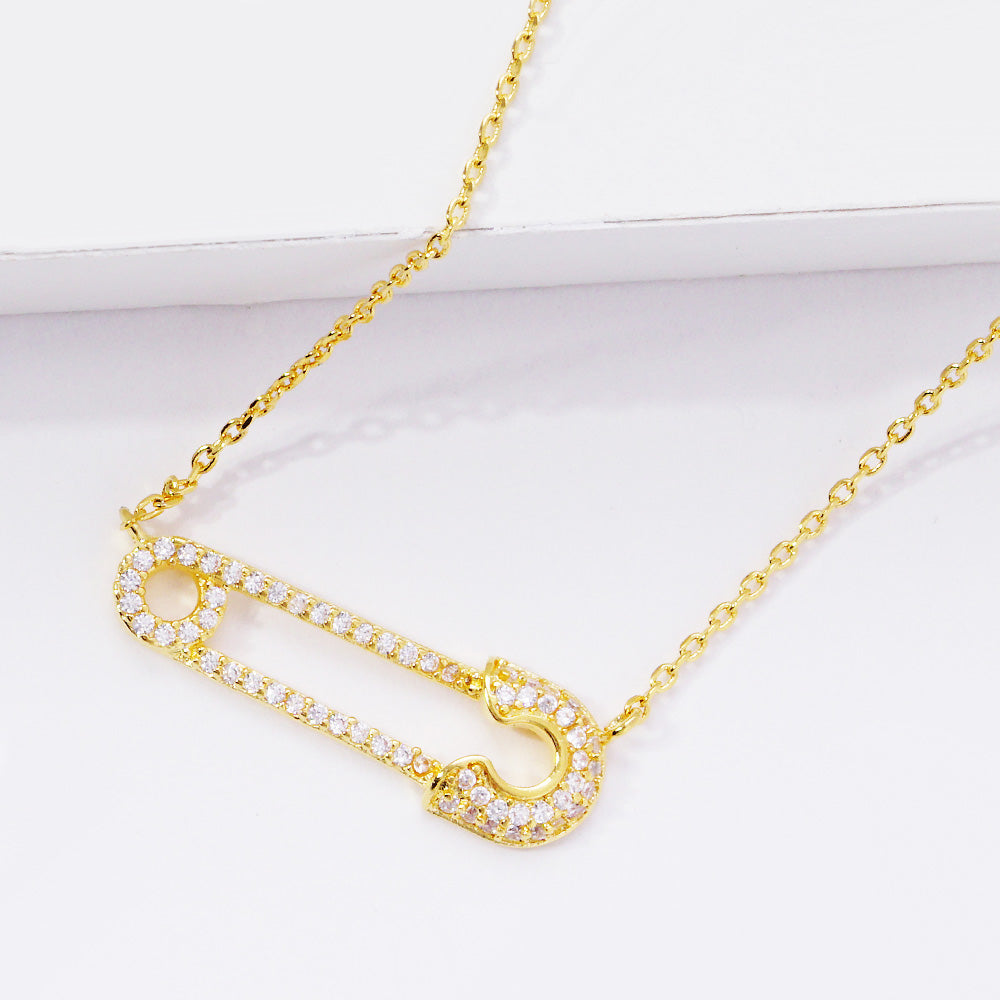 Madeline Love Clear, Gold Gold Dipped CZ Safety Pin Pendant Necklace - Necklaces