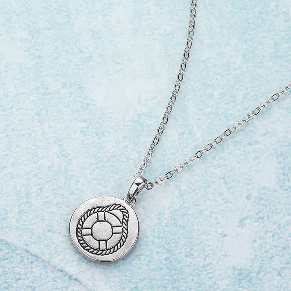 Madeline Love Rhodium Engraved Life Preserver Metal Disc Pendant Necklace - Necklaces