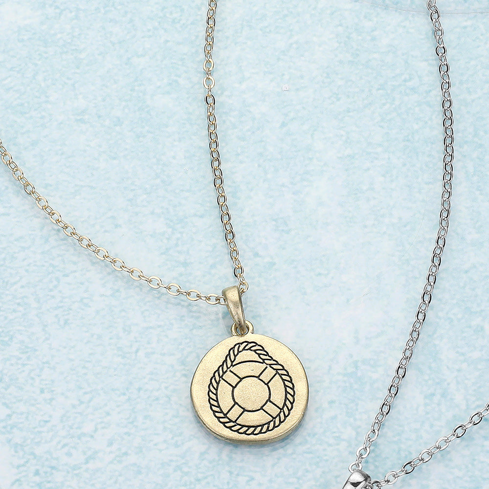 Madeline Love Worn Gold Engraved Life Preserver Metal Disc Pendant Necklace - Necklaces