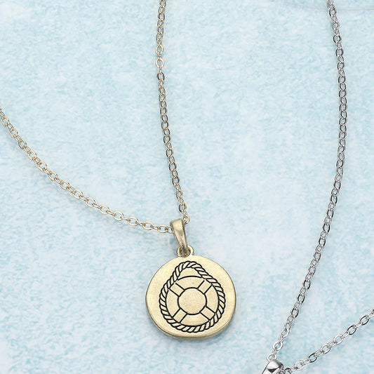 Madeline Love Worn Gold Engraved Life Preserver Metal Disc Pendant Necklace - Necklaces