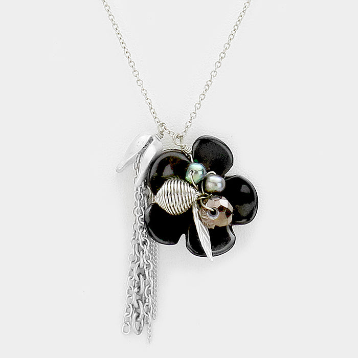 Madeline Love Black Glass bead detail flower & tassel charm necklace - Necklaces