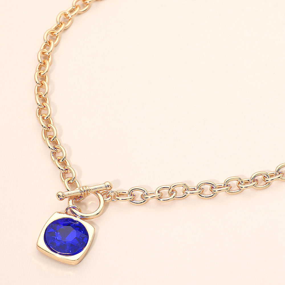 Madeline Love Blue Round Faceted Stone Accent Frame Toggle Pendant Necklace