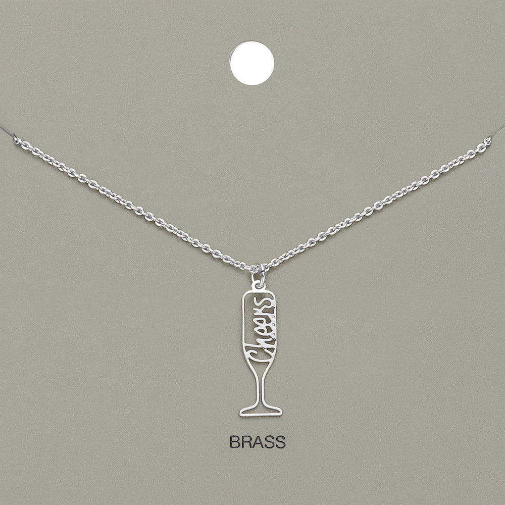 Madeline Love Rhodium Cheers Message Wine Glass Brass Metal Pendant Necklace - Jewelry