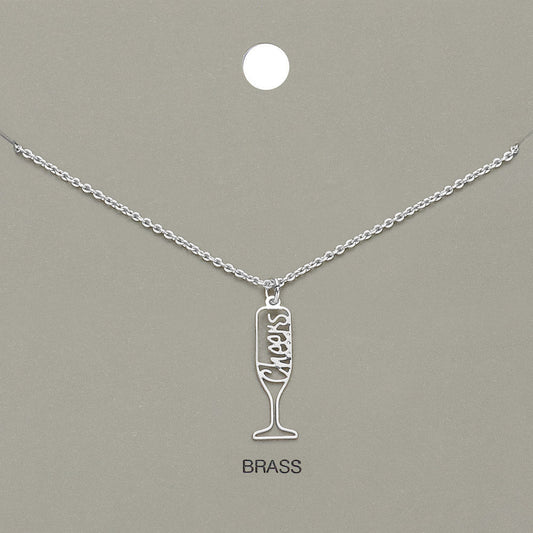 Madeline Love Rhodium Cheers Message Wine Glass Brass Metal Pendant Necklace - Jewelry
