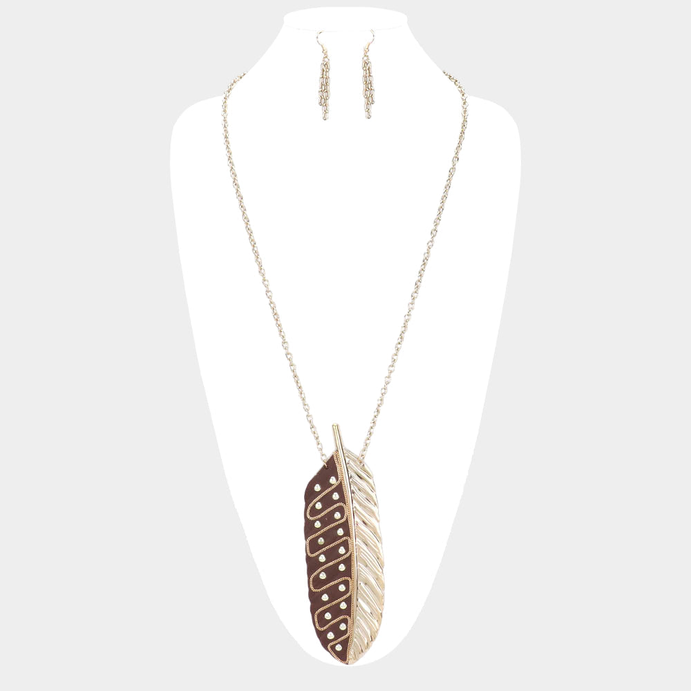 Madeline Love Brown, Gold Oversized Leaf Metal Stud Pendant Link Long Necklace - Necklaces