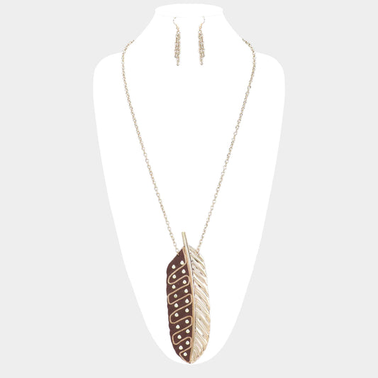 Madeline Love Brown, Gold Oversized Leaf Metal Stud Pendant Link Long Necklace - Necklaces