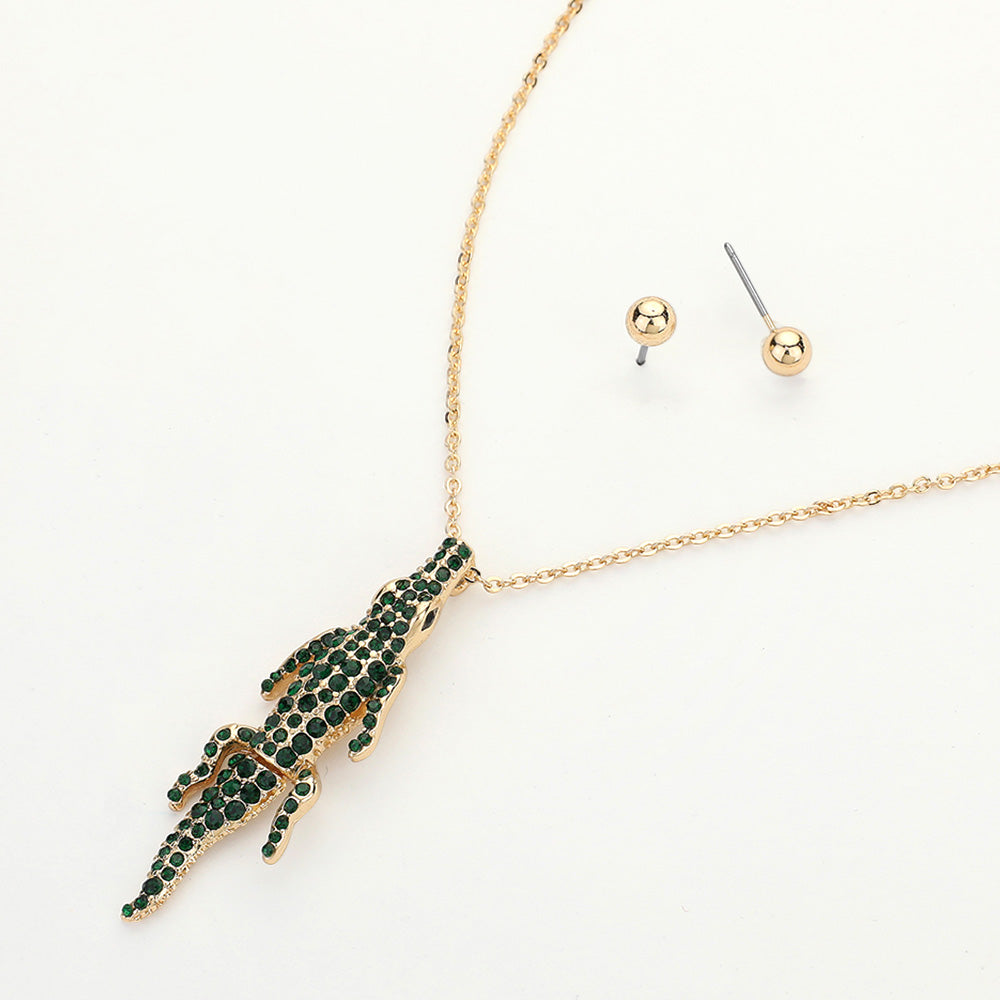 Madeline Love Gold, Green Stone Paved Crocodile/Alligator Pendant Necklace - Jewelry