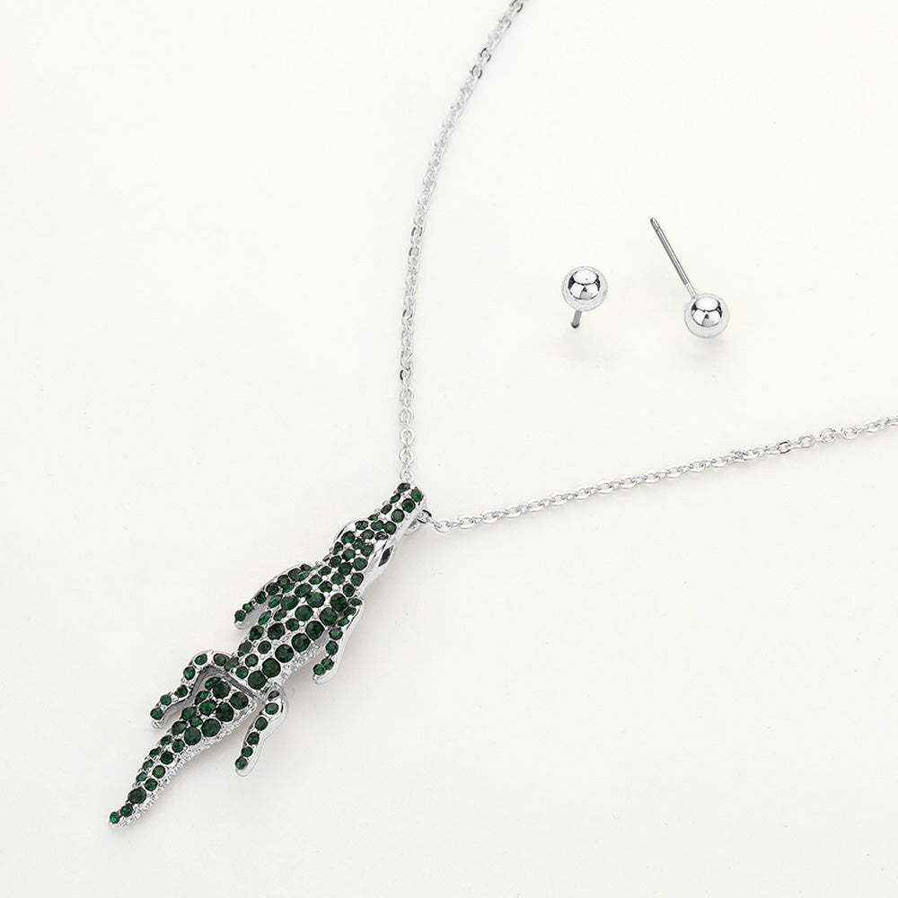 Madeline Love Green, Rhodium Stone Paved Crocodile/Alligator Pendant Necklace - Jewelry