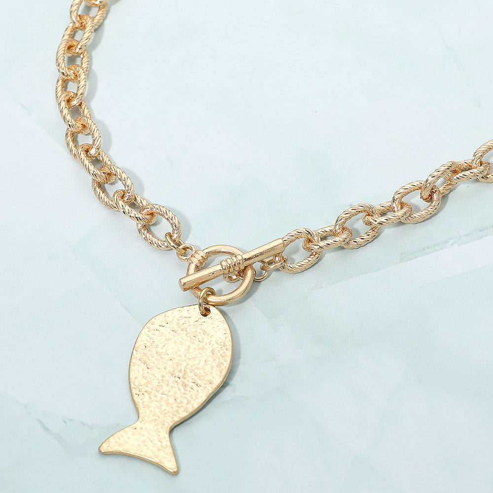 Madeline Love Worn Gold Brushed Metal Fish Charm Toggle Necklace - Necklaces