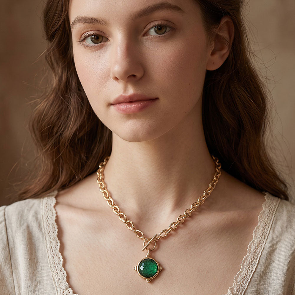 Madeline Love Emerald Faceted Round Stone Charm Pendant Toggle Necklace