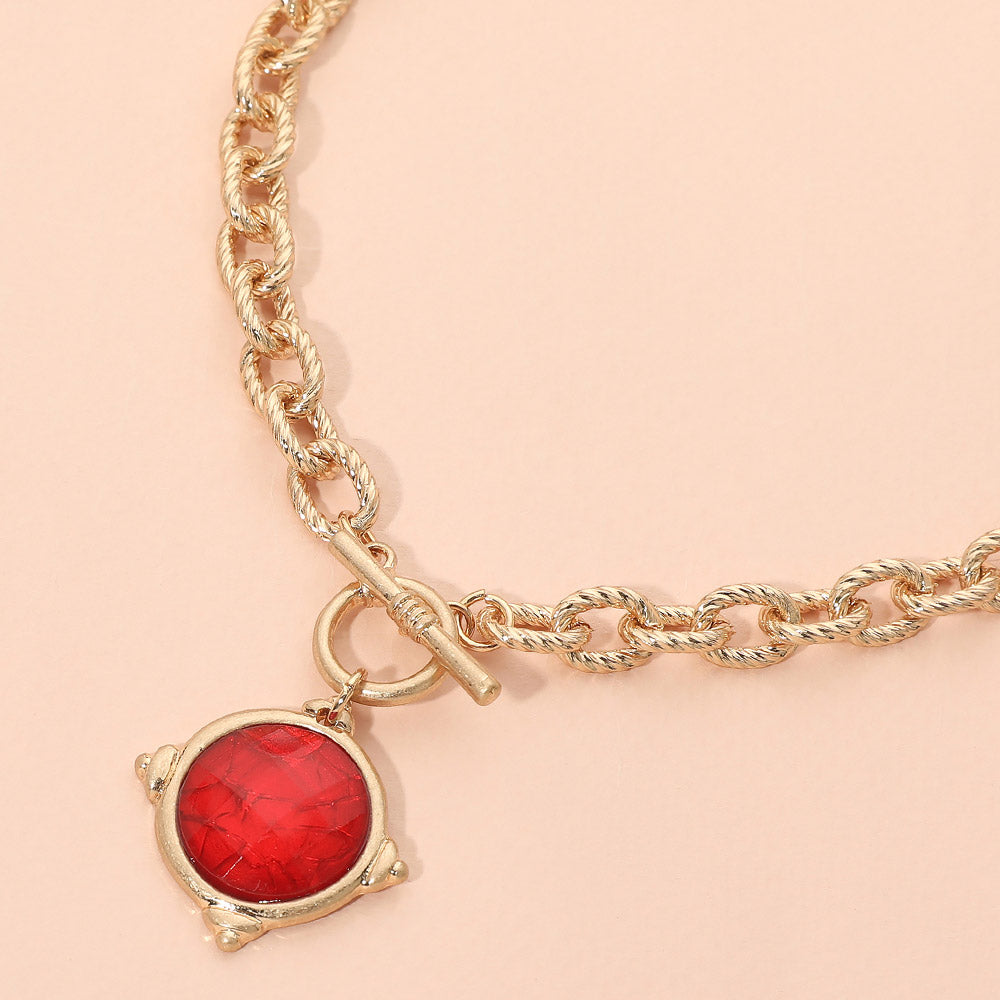 Madeline Love Red Faceted Round Stone Charm Pendant Toggle Necklace