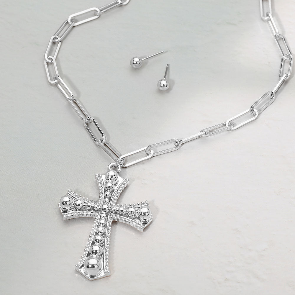 Madeline Love Rhodium Cross Pendant Paperclip Chain Necklace - Necklaces