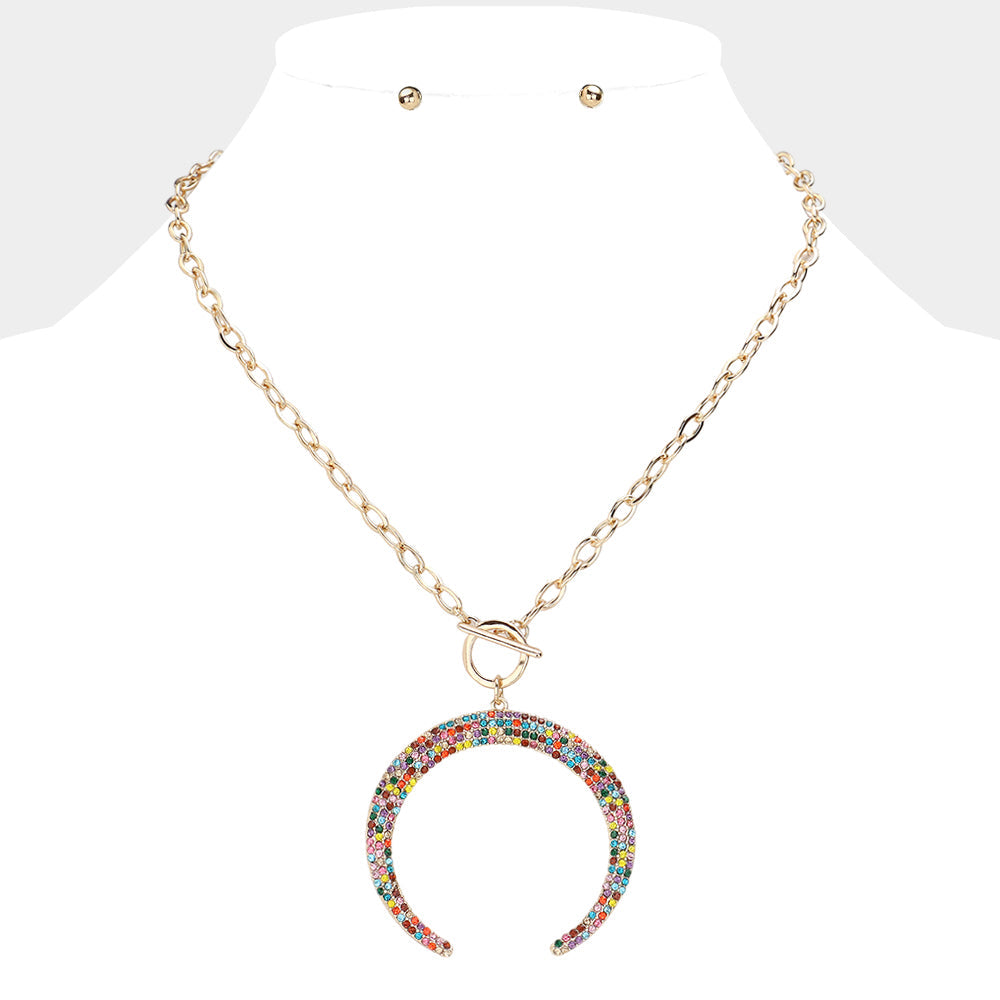 Madeline Love Gold, Multi Crystal Rhinestone Pave Double Horn Toggle Necklace - Jewelry