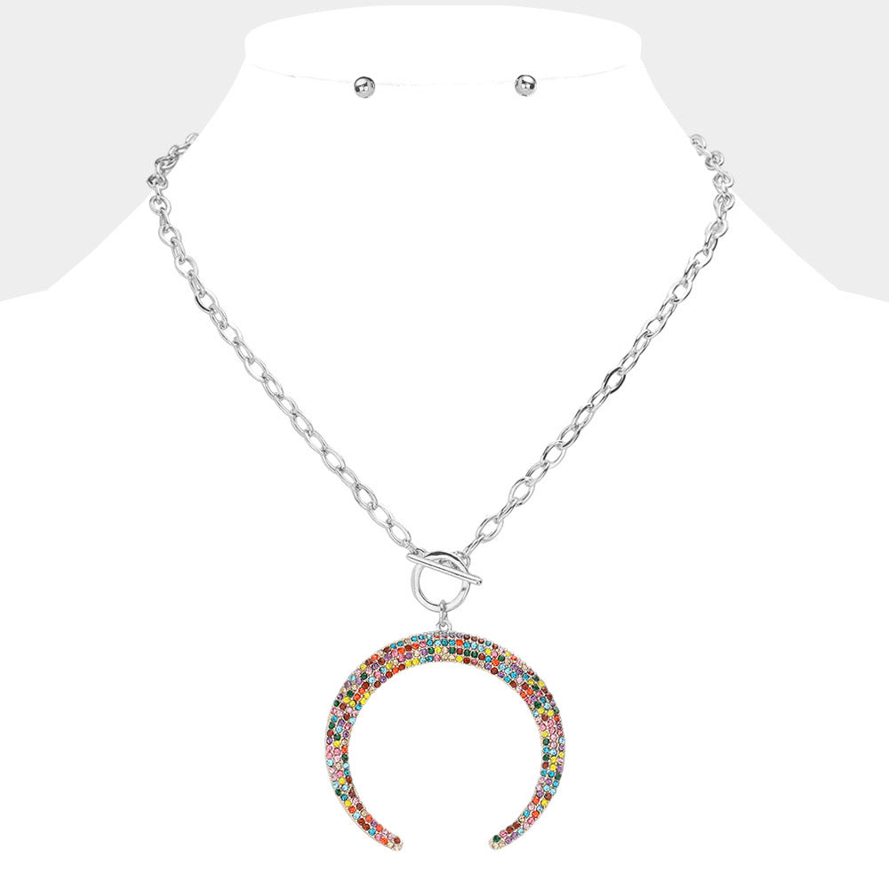 Madeline Love Multi, Rhodium Crystal Rhinestone Pave Double Horn Toggle Necklace - Jewelry