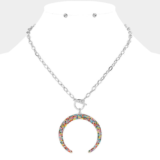 Madeline Love Multi, Rhodium Crystal Rhinestone Pave Double Horn Toggle Necklace - Jewelry