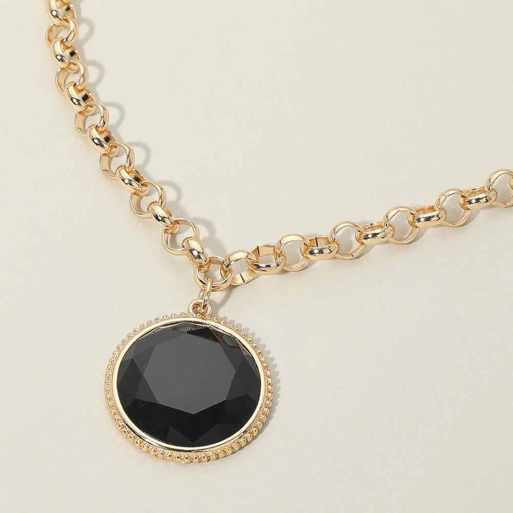 Madeline Love Jet Black Round Faceted Stone Frame Pendant Necklace