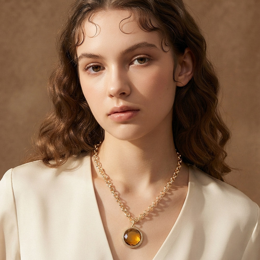 Madeline Love Topaz Round Faceted Stone Frame Pendant Necklace