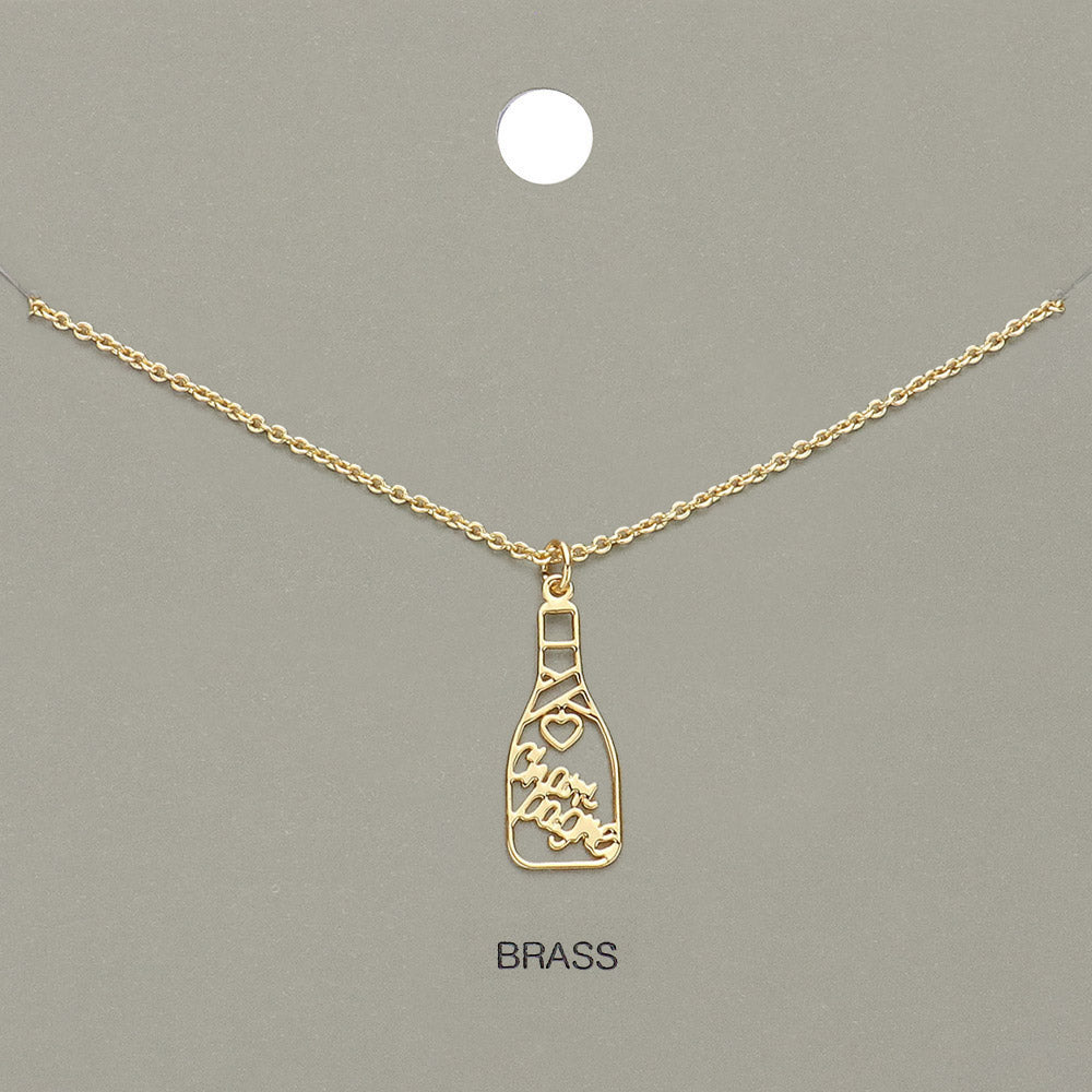 Madeline Love Gold Cheers Message Champagne Bottle Brass Metal Pendant Necklace - Necklaces