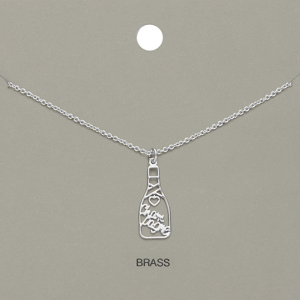 Madeline Love Rhodium Cheers Message Champagne Bottle Brass Metal Pendant Necklace - Necklaces