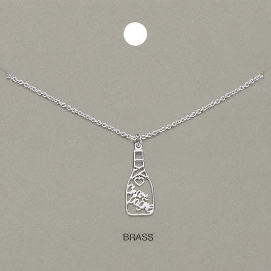 Madeline Love Rhodium Cheers Message Champagne Bottle Brass Metal Pendant Necklace - Necklaces