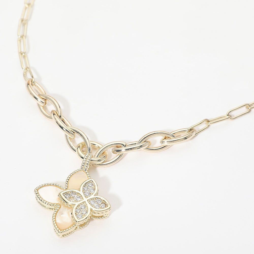 Madeline Love Gold 14K Gold Plated Double CZ Mother of Pearl Floral Charm Pendant Necklace