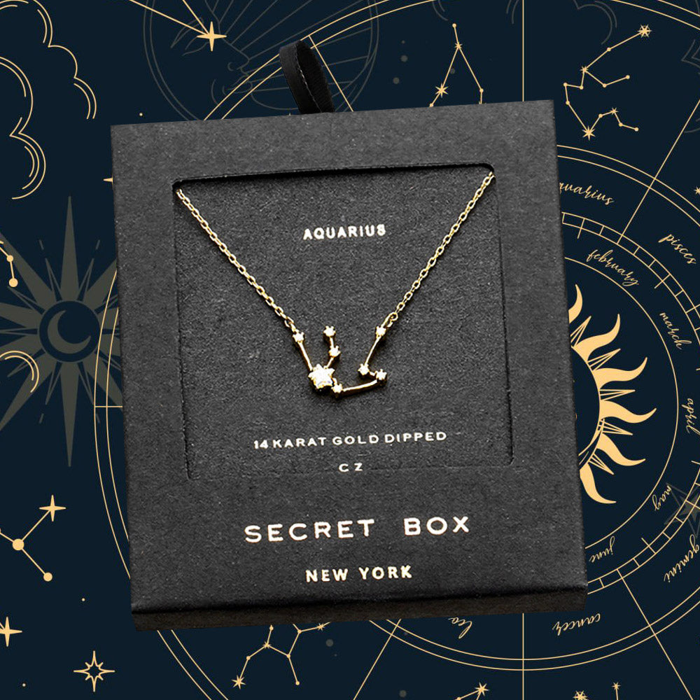 Madeline Love Gold SECRET BOX_14K Gold Dipped CZ Aquarius Zodiac Sign Pendant Necklace - Necklaces